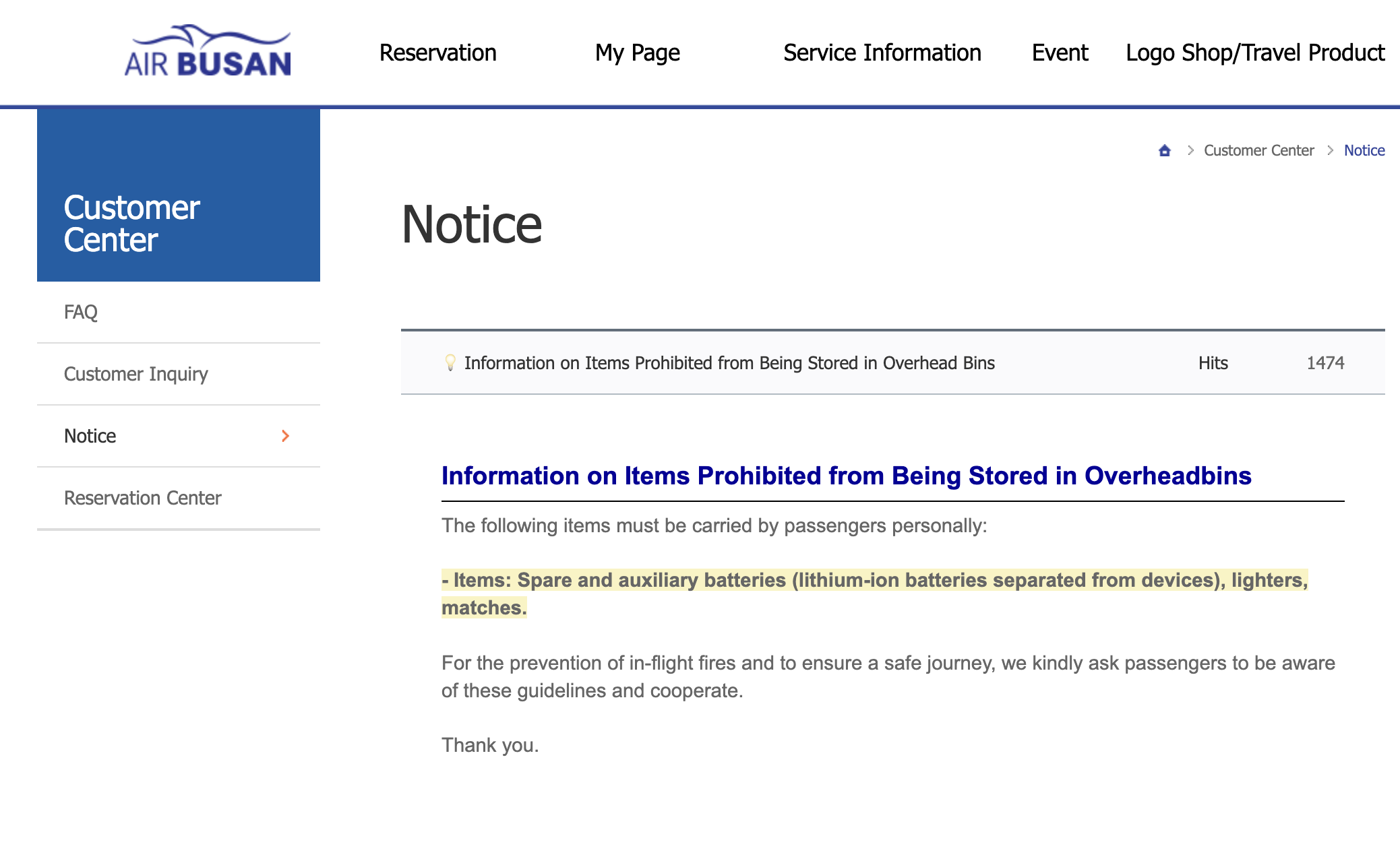 Air Busan's new customer notice on prohibited items in overhead compartments.